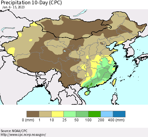 China, Mongolia and Taiwan Precipitation 10-Day (CPC) Thematic Map For 1/6/2023 - 1/15/2023