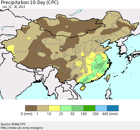 China, Mongolia and Taiwan Precipitation 10-Day (CPC) Thematic Map For 1/11/2023 - 1/20/2023