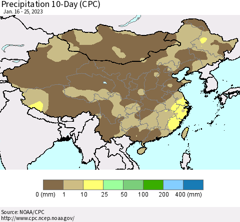 China, Mongolia and Taiwan Precipitation 10-Day (CPC) Thematic Map For 1/16/2023 - 1/25/2023