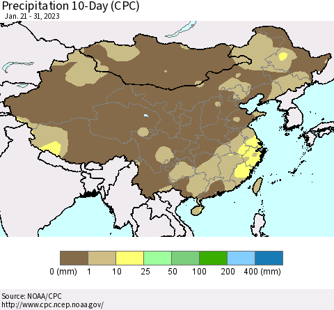 China, Mongolia and Taiwan Precipitation 10-Day (CPC) Thematic Map For 1/21/2023 - 1/31/2023