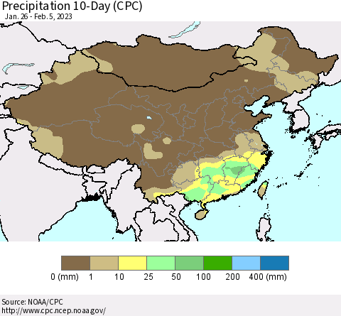 China, Mongolia and Taiwan Precipitation 10-Day (CPC) Thematic Map For 1/26/2023 - 2/5/2023
