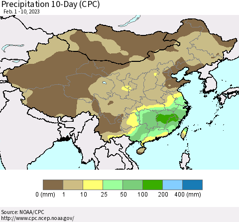 China, Mongolia and Taiwan Precipitation 10-Day (CPC) Thematic Map For 2/1/2023 - 2/10/2023