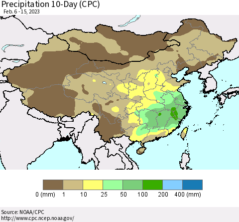 China, Mongolia and Taiwan Precipitation 10-Day (CPC) Thematic Map For 2/6/2023 - 2/15/2023