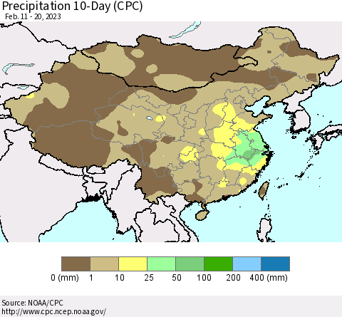 China, Mongolia and Taiwan Precipitation 10-Day (CPC) Thematic Map For 2/11/2023 - 2/20/2023