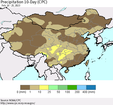 China, Mongolia and Taiwan Precipitation 10-Day (CPC) Thematic Map For 2/16/2023 - 2/25/2023
