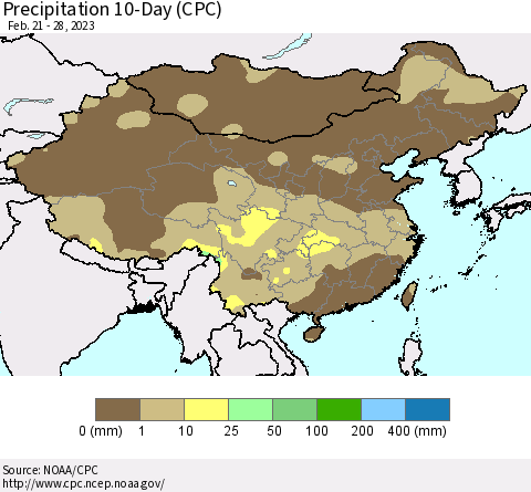 China, Mongolia and Taiwan Precipitation 10-Day (CPC) Thematic Map For 2/21/2023 - 2/28/2023