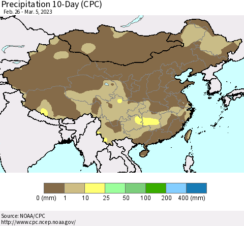 China, Mongolia and Taiwan Precipitation 10-Day (CPC) Thematic Map For 2/26/2023 - 3/5/2023