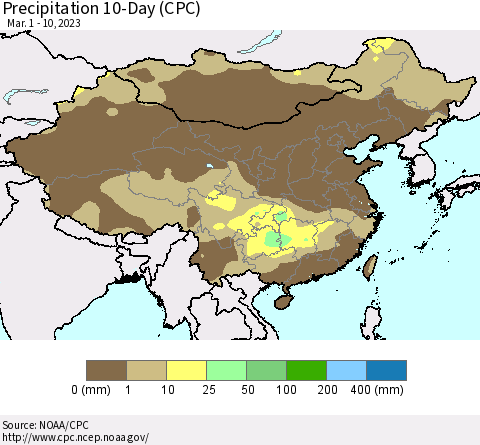 China, Mongolia and Taiwan Precipitation 10-Day (CPC) Thematic Map For 3/1/2023 - 3/10/2023