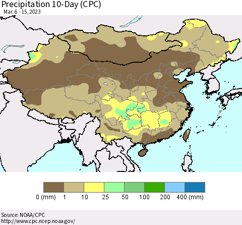 China, Mongolia and Taiwan Precipitation 10-Day (CPC) Thematic Map For 3/6/2023 - 3/15/2023