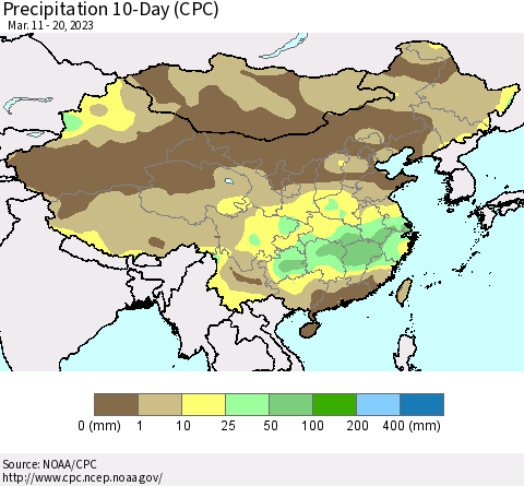 China, Mongolia and Taiwan Precipitation 10-Day (CPC) Thematic Map For 3/11/2023 - 3/20/2023