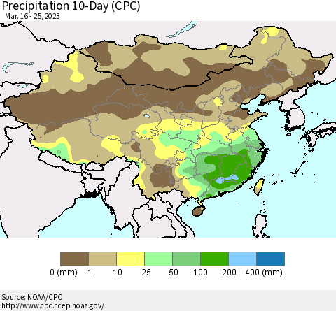 China, Mongolia and Taiwan Precipitation 10-Day (CPC) Thematic Map For 3/16/2023 - 3/25/2023
