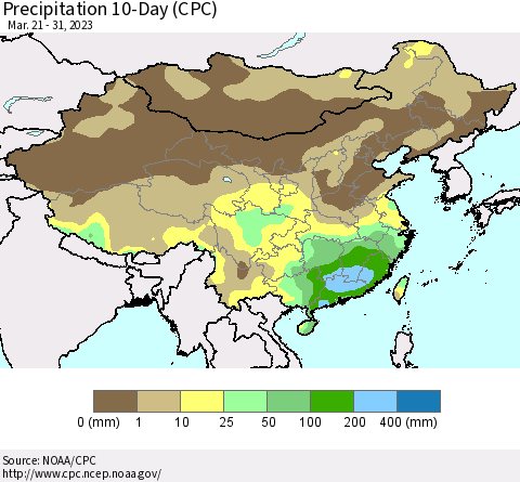 China, Mongolia and Taiwan Precipitation 10-Day (CPC) Thematic Map For 3/21/2023 - 3/31/2023