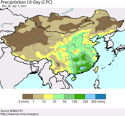 China, Mongolia and Taiwan Precipitation 10-Day (CPC) Thematic Map For 3/26/2023 - 4/5/2023