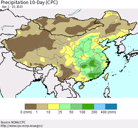 China, Mongolia and Taiwan Precipitation 10-Day (CPC) Thematic Map For 4/1/2023 - 4/10/2023