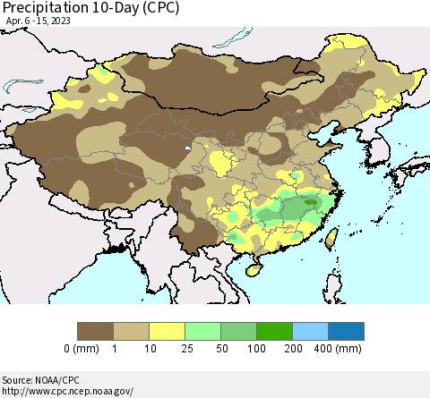 China, Mongolia and Taiwan Precipitation 10-Day (CPC) Thematic Map For 4/6/2023 - 4/15/2023