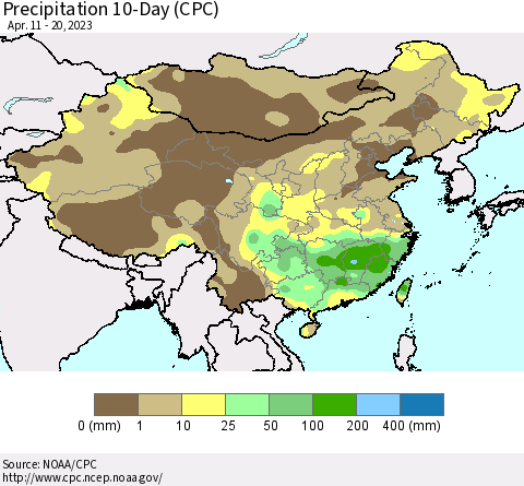 China, Mongolia and Taiwan Precipitation 10-Day (CPC) Thematic Map For 4/11/2023 - 4/20/2023