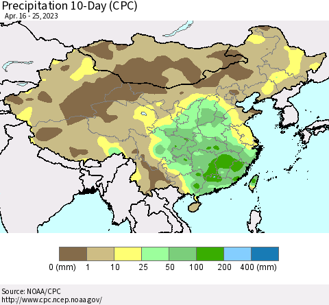 China, Mongolia and Taiwan Precipitation 10-Day (CPC) Thematic Map For 4/16/2023 - 4/25/2023