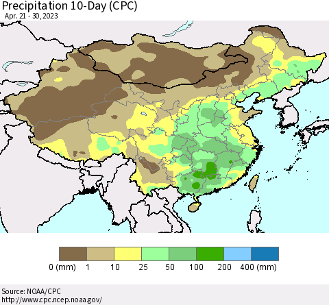 China, Mongolia and Taiwan Precipitation 10-Day (CPC) Thematic Map For 4/21/2023 - 4/30/2023