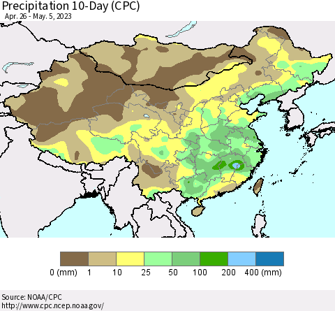 China, Mongolia and Taiwan Precipitation 10-Day (CPC) Thematic Map For 4/26/2023 - 5/5/2023
