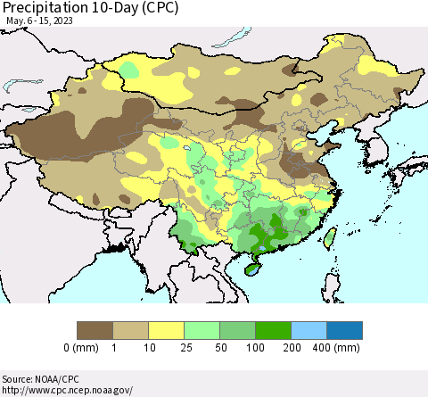 China, Mongolia and Taiwan Precipitation 10-Day (CPC) Thematic Map For 5/6/2023 - 5/15/2023