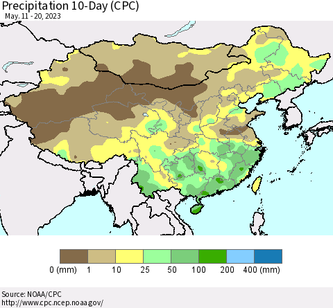 China, Mongolia and Taiwan Precipitation 10-Day (CPC) Thematic Map For 5/11/2023 - 5/20/2023