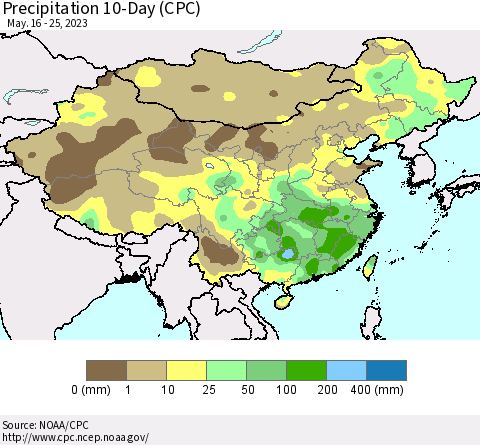 China, Mongolia and Taiwan Precipitation 10-Day (CPC) Thematic Map For 5/16/2023 - 5/25/2023