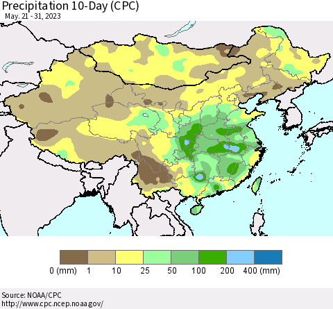 China, Mongolia and Taiwan Precipitation 10-Day (CPC) Thematic Map For 5/21/2023 - 5/31/2023