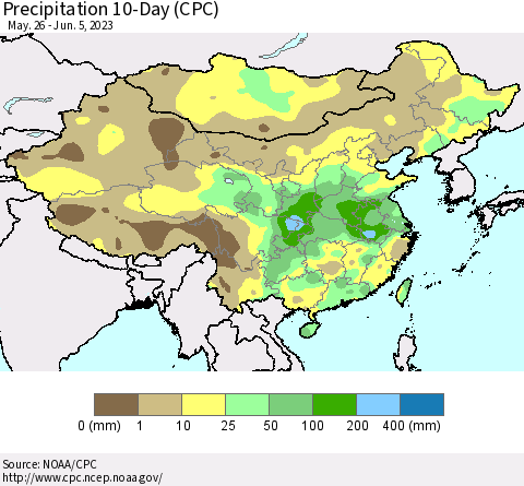 China, Mongolia and Taiwan Precipitation 10-Day (CPC) Thematic Map For 5/26/2023 - 6/5/2023