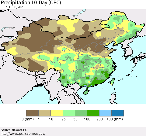 China, Mongolia and Taiwan Precipitation 10-Day (CPC) Thematic Map For 6/1/2023 - 6/10/2023