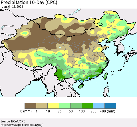 China, Mongolia and Taiwan Precipitation 10-Day (CPC) Thematic Map For 6/6/2023 - 6/15/2023