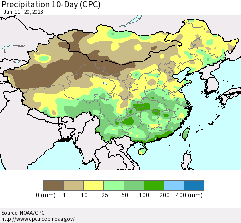 China, Mongolia and Taiwan Precipitation 10-Day (CPC) Thematic Map For 6/11/2023 - 6/20/2023
