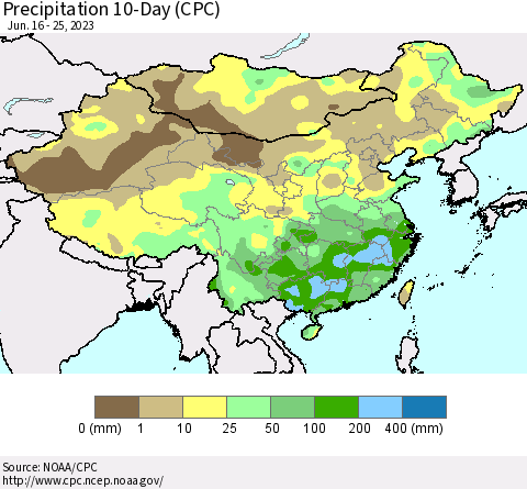 China, Mongolia and Taiwan Precipitation 10-Day (CPC) Thematic Map For 6/16/2023 - 6/25/2023
