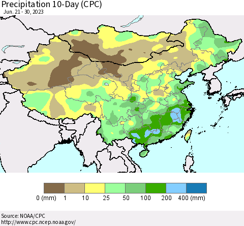 China, Mongolia and Taiwan Precipitation 10-Day (CPC) Thematic Map For 6/21/2023 - 6/30/2023