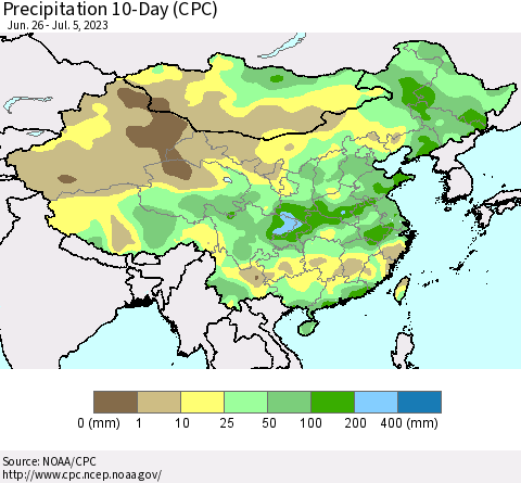 China, Mongolia and Taiwan Precipitation 10-Day (CPC) Thematic Map For 6/26/2023 - 7/5/2023