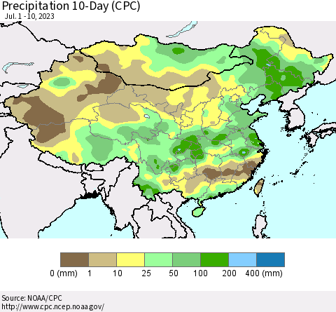 China, Mongolia and Taiwan Precipitation 10-Day (CPC) Thematic Map For 7/1/2023 - 7/10/2023