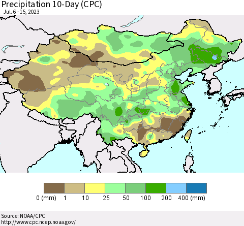 China, Mongolia and Taiwan Precipitation 10-Day (CPC) Thematic Map For 7/6/2023 - 7/15/2023