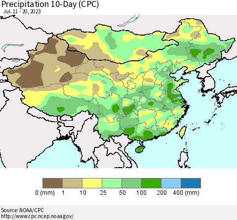 China, Mongolia and Taiwan Precipitation 10-Day (CPC) Thematic Map For 7/11/2023 - 7/20/2023