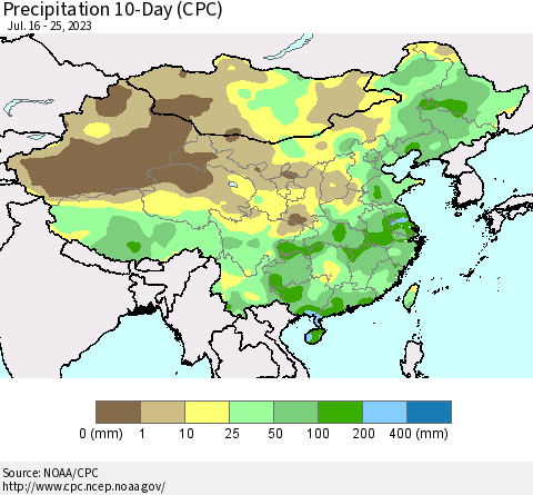 China, Mongolia and Taiwan Precipitation 10-Day (CPC) Thematic Map For 7/16/2023 - 7/25/2023