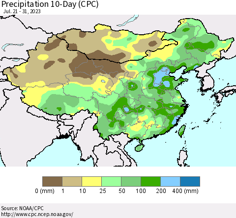 China, Mongolia and Taiwan Precipitation 10-Day (CPC) Thematic Map For 7/21/2023 - 7/31/2023