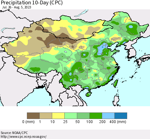 China, Mongolia and Taiwan Precipitation 10-Day (CPC) Thematic Map For 7/26/2023 - 8/5/2023