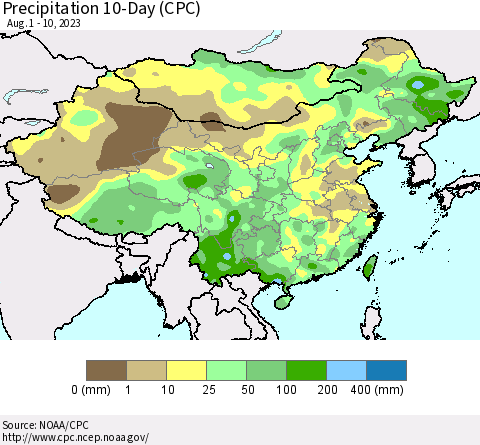 China, Mongolia and Taiwan Precipitation 10-Day (CPC) Thematic Map For 8/1/2023 - 8/10/2023