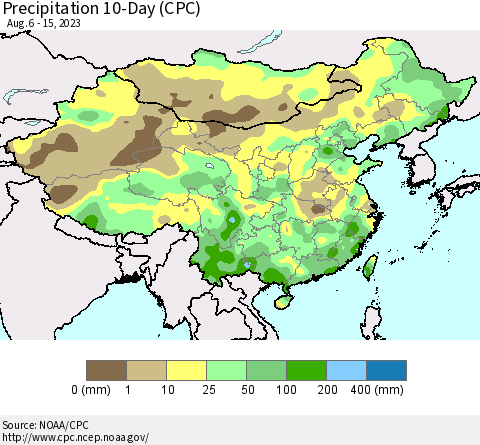 China, Mongolia and Taiwan Precipitation 10-Day (CPC) Thematic Map For 8/6/2023 - 8/15/2023