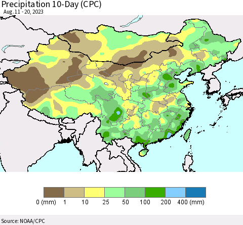 China, Mongolia and Taiwan Precipitation 10-Day (CPC) Thematic Map For 8/11/2023 - 8/20/2023