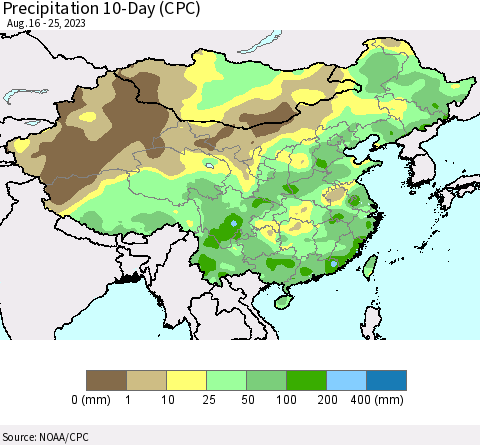 China, Mongolia and Taiwan Precipitation 10-Day (CPC) Thematic Map For 8/16/2023 - 8/25/2023