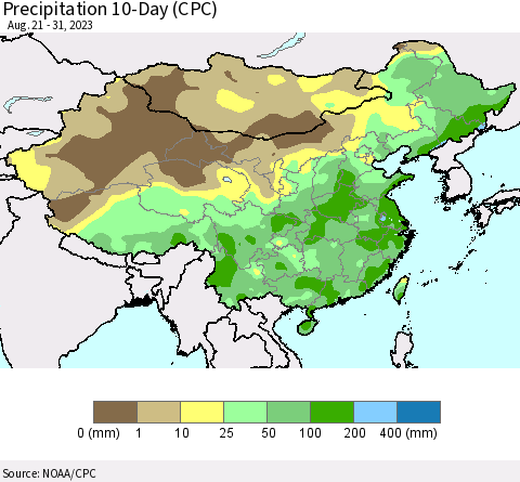 China, Mongolia and Taiwan Precipitation 10-Day (CPC) Thematic Map For 8/21/2023 - 8/31/2023