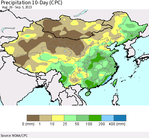 China, Mongolia and Taiwan Precipitation 10-Day (CPC) Thematic Map For 8/26/2023 - 9/5/2023