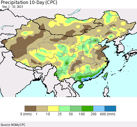 China, Mongolia and Taiwan Precipitation 10-Day (CPC) Thematic Map For 9/1/2023 - 9/10/2023
