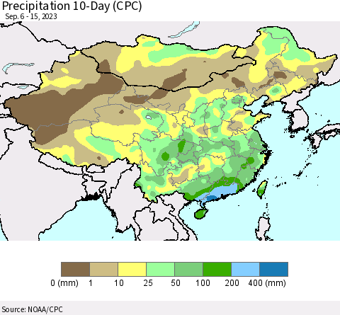 China, Mongolia and Taiwan Precipitation 10-Day (CPC) Thematic Map For 9/6/2023 - 9/15/2023