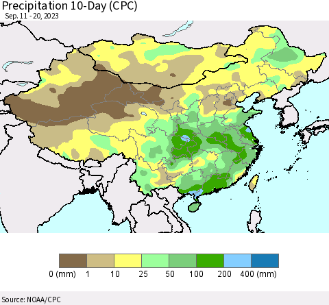 China, Mongolia and Taiwan Precipitation 10-Day (CPC) Thematic Map For 9/11/2023 - 9/20/2023