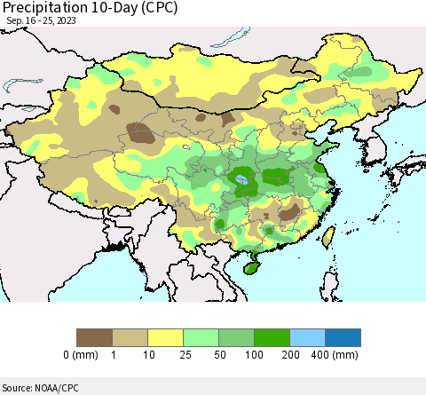 China, Mongolia and Taiwan Precipitation 10-Day (CPC) Thematic Map For 9/16/2023 - 9/25/2023